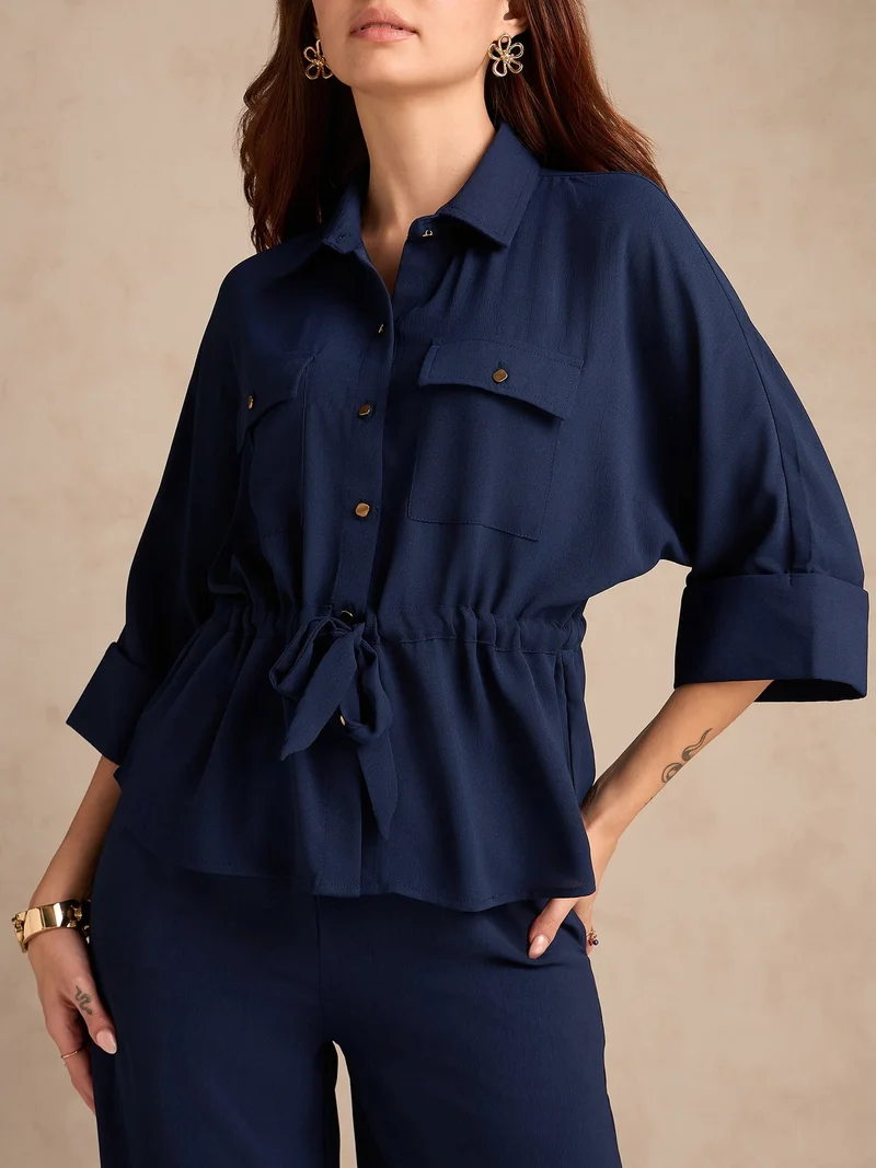 Outzidr  Navy Blue Coord Set With Oversized Utility Shirt With Wide Leg Touser In Elevated Textured Fabric for Women | Best Price UAE